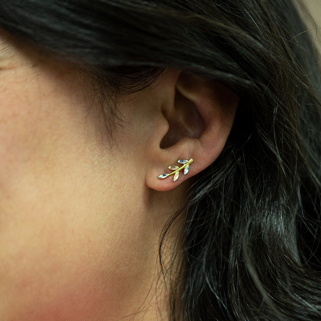 Yellow Gold Branch Ear Climber Earrings - On the ear