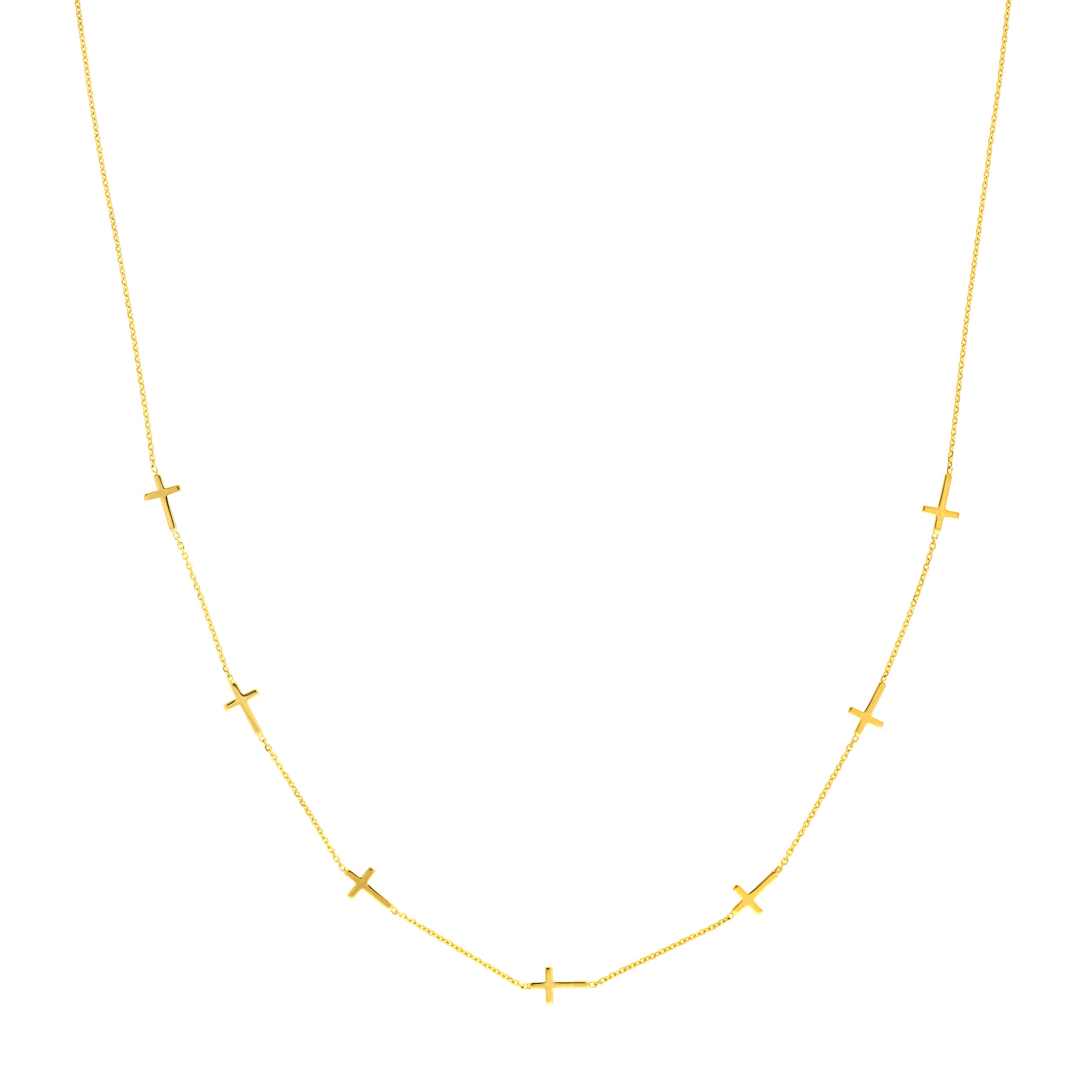 Yellow Gold Seven MIni Cross Station Necklace - 18"