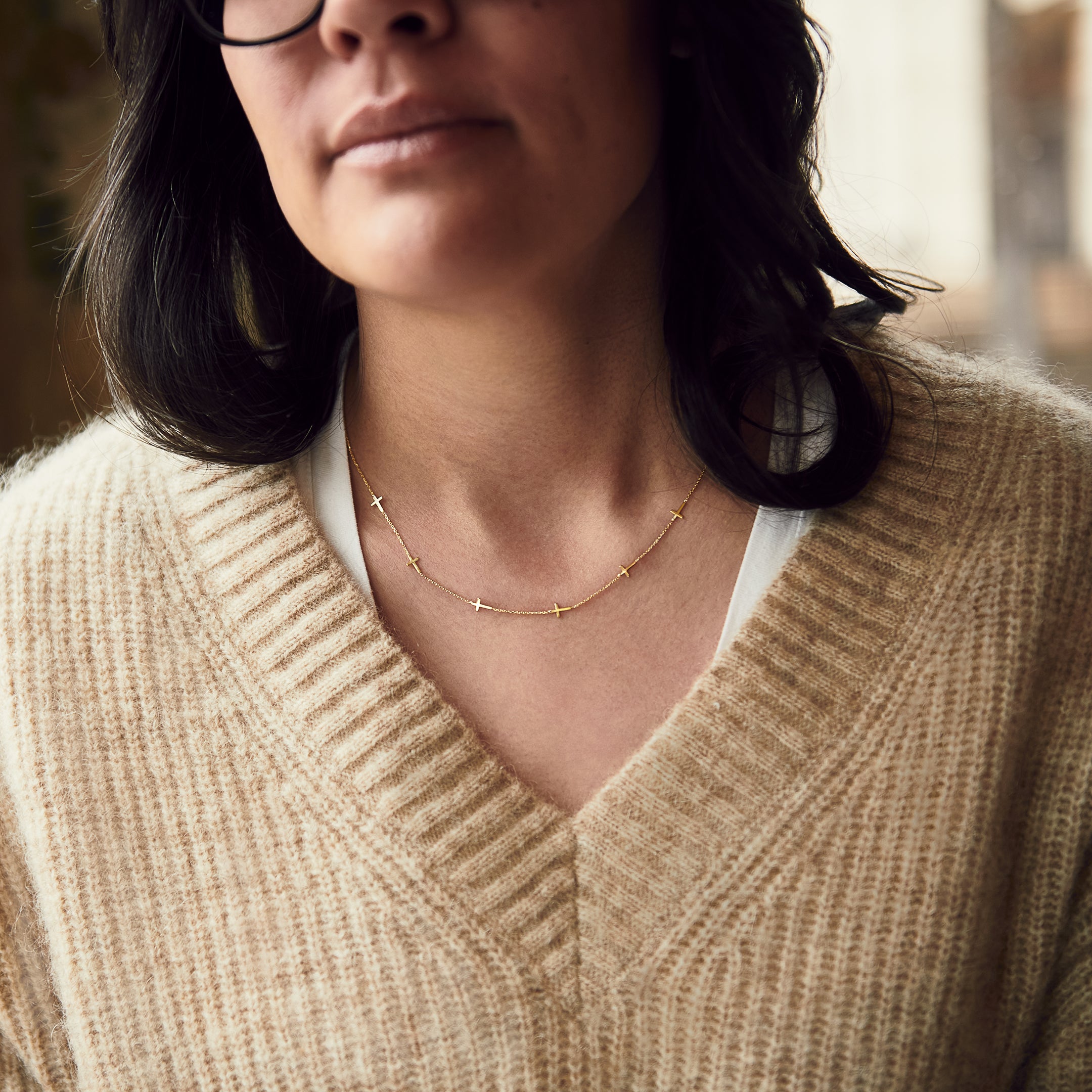 Yellow Gold Seven MIni Cross Station Necklace - 18" - Styled