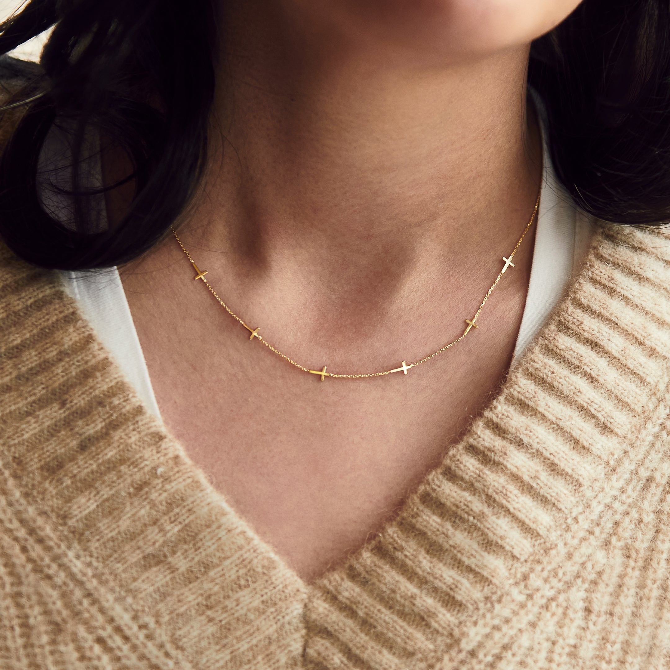Yellow Gold Seven MIni Cross Station Necklace - 18" - On the neck