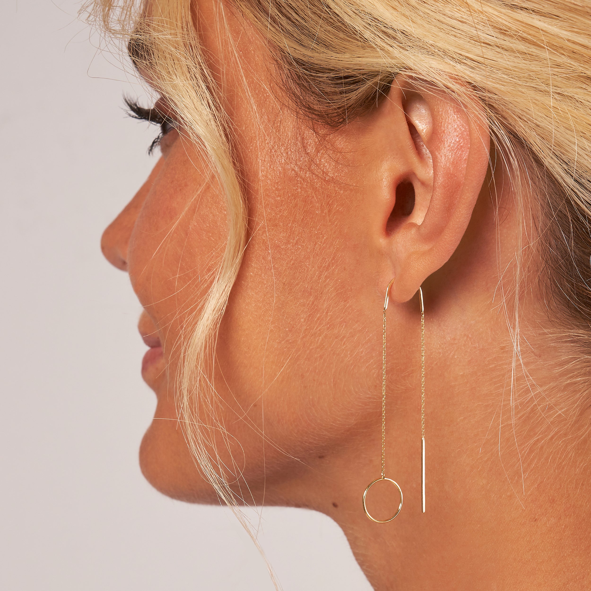 Yellow Gold Open Disk Threader Earrings - Side Profile