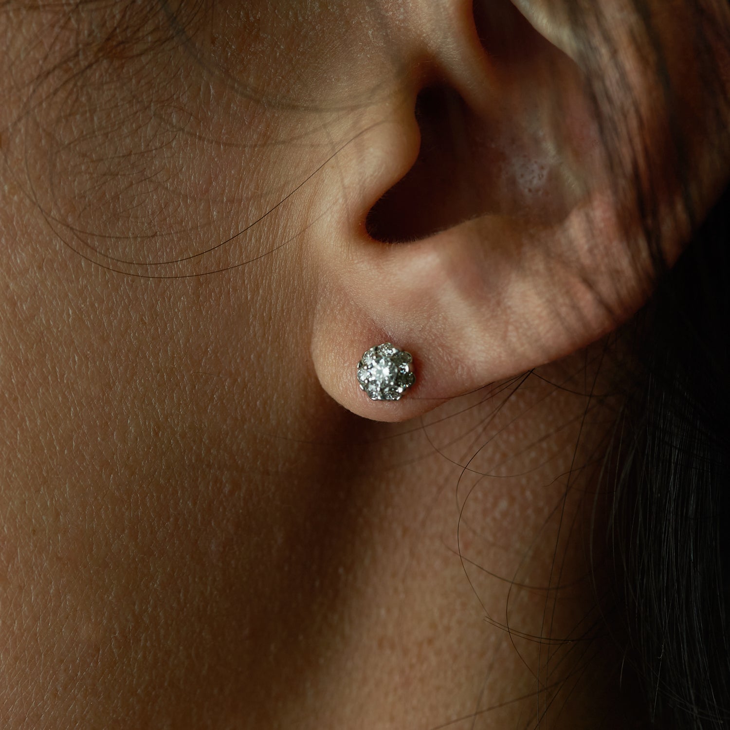 White Gold Cluster DIamond Studs - On Ear