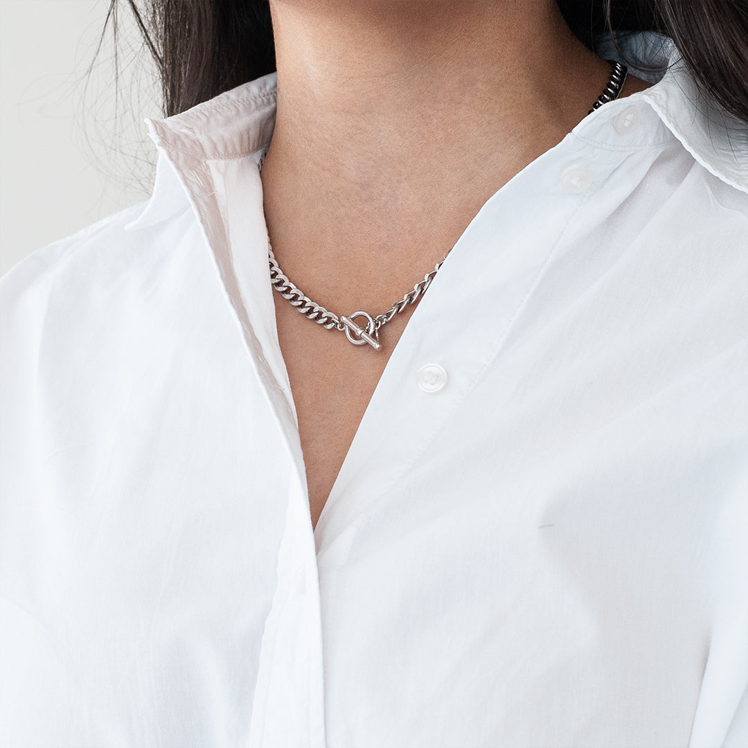 Sterling Silver Rhodium Toggle Necklace – 18" - On Neck