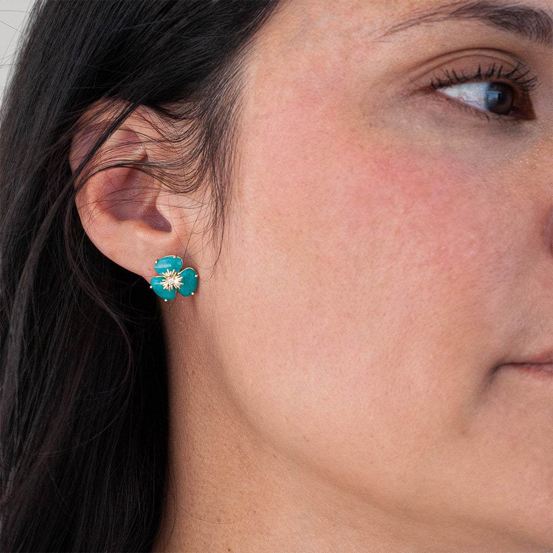 Yellow Gold Amazonite and Diamond Clover Stud Earrings - On Ear