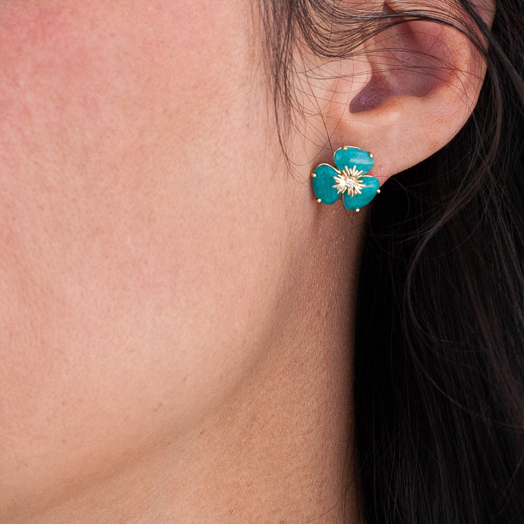 18k Yellow Gold Amazonite and Diamond Clover Stud Earrings - Close Up