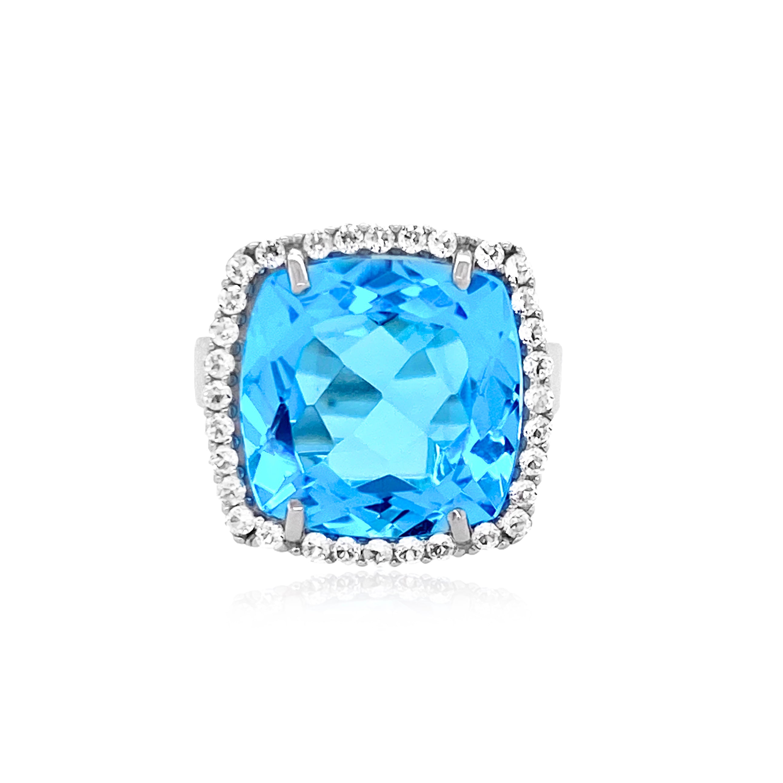 Sterling Silver Cushion Cut Blue Topaz Ring - Front View