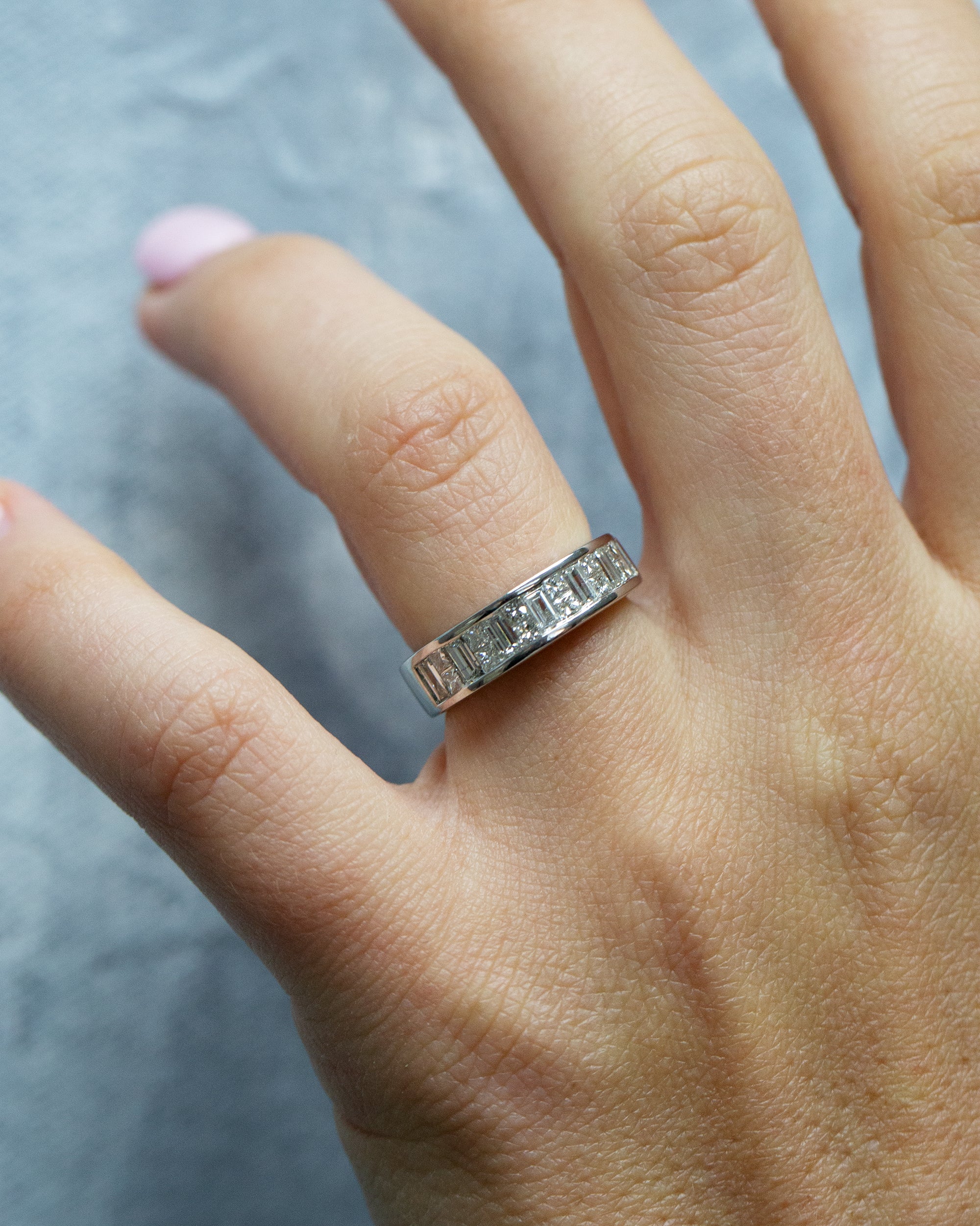 White Gold Baguette and Princess Diamond Band - On Hand