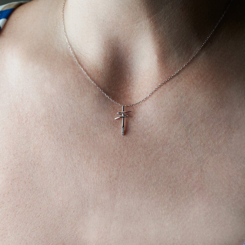 White Gold Diamond Modern Cross Pendant  - On Neck