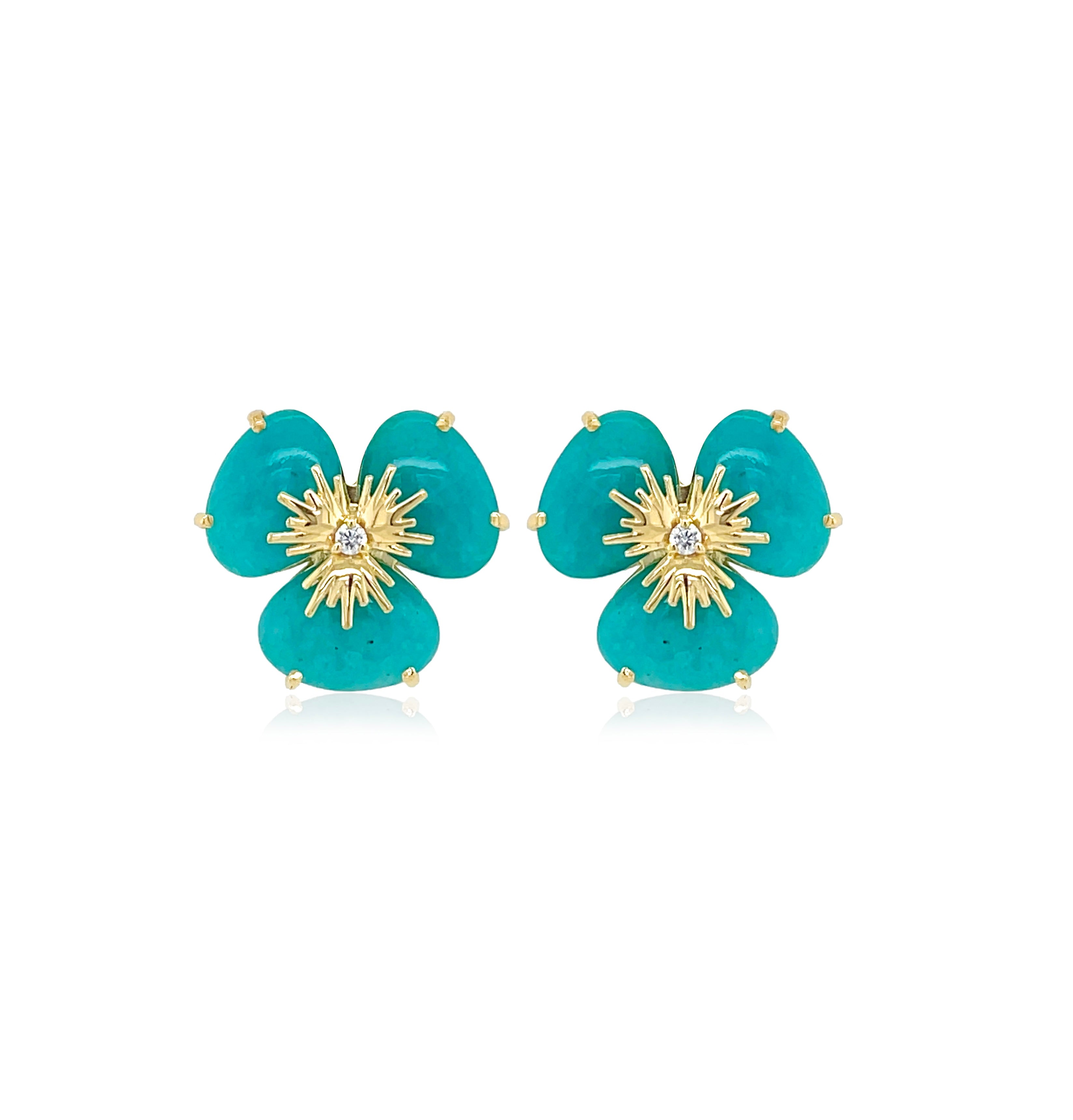 18k Yellow Gold Amazonite and Diamond Clover Stud Earrings