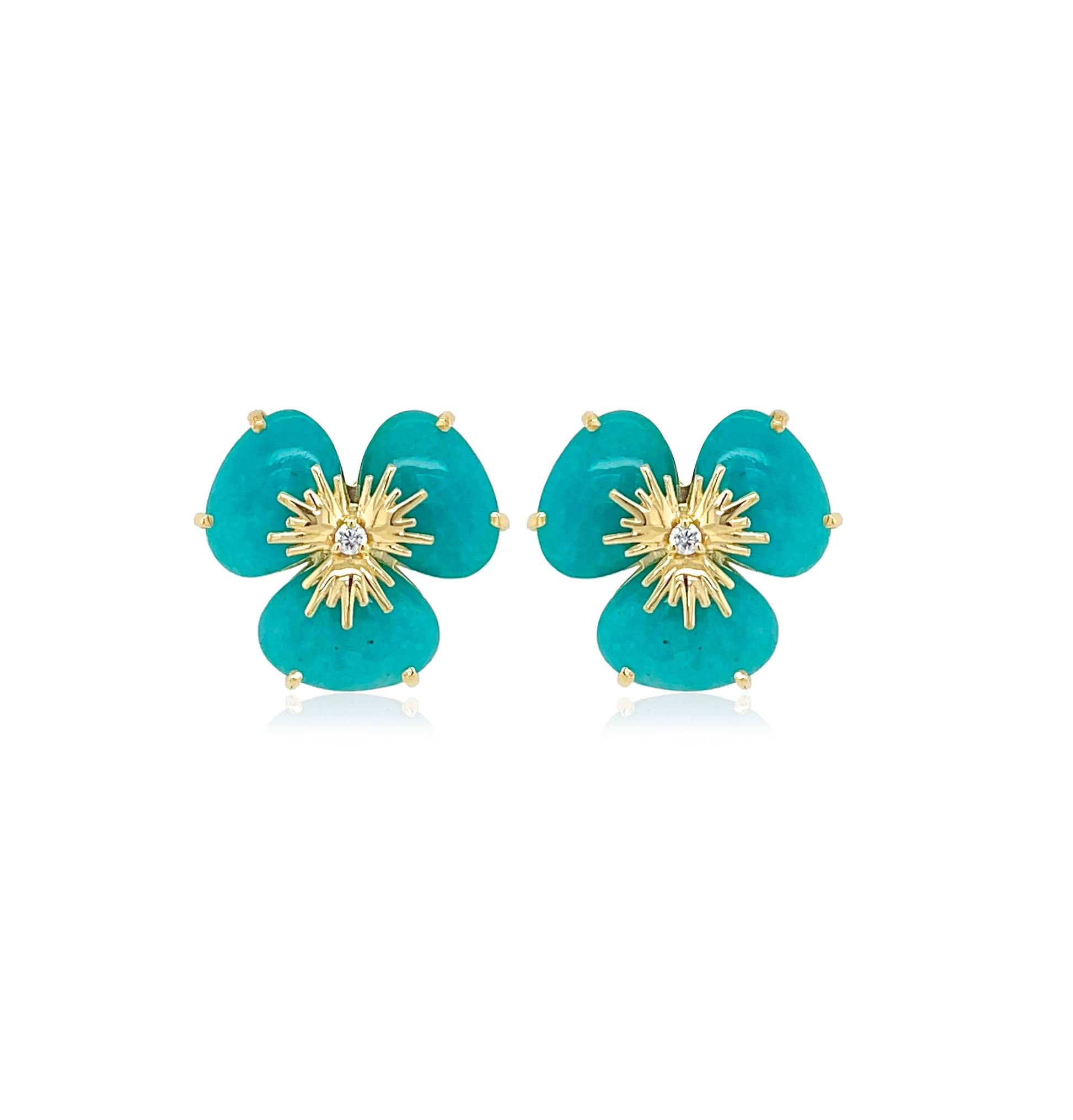 18k Yellow Gold Amazonite and Diamond Clover Stud Earrings