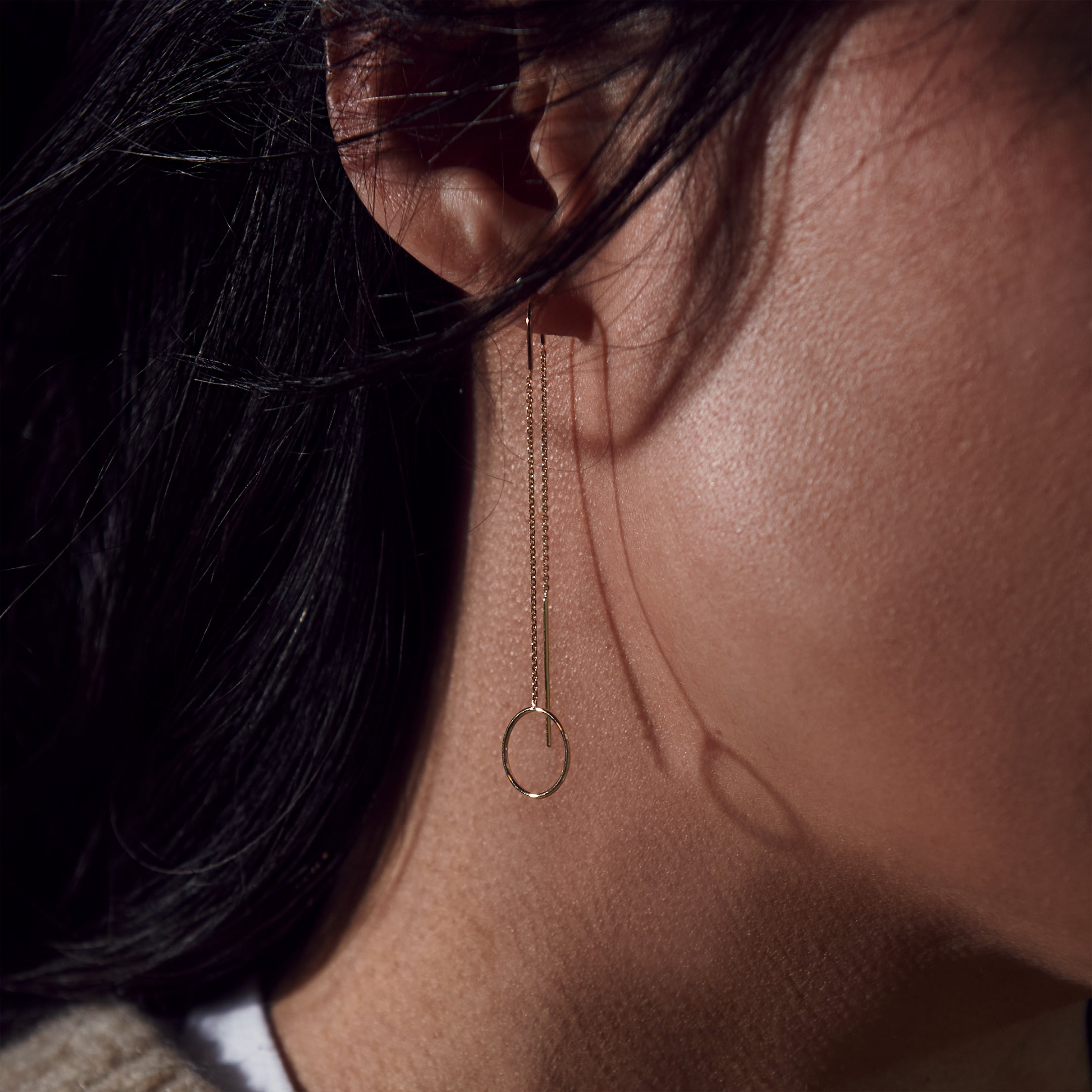 Yellow Gold Open Disk Threader Earrings - On Ear