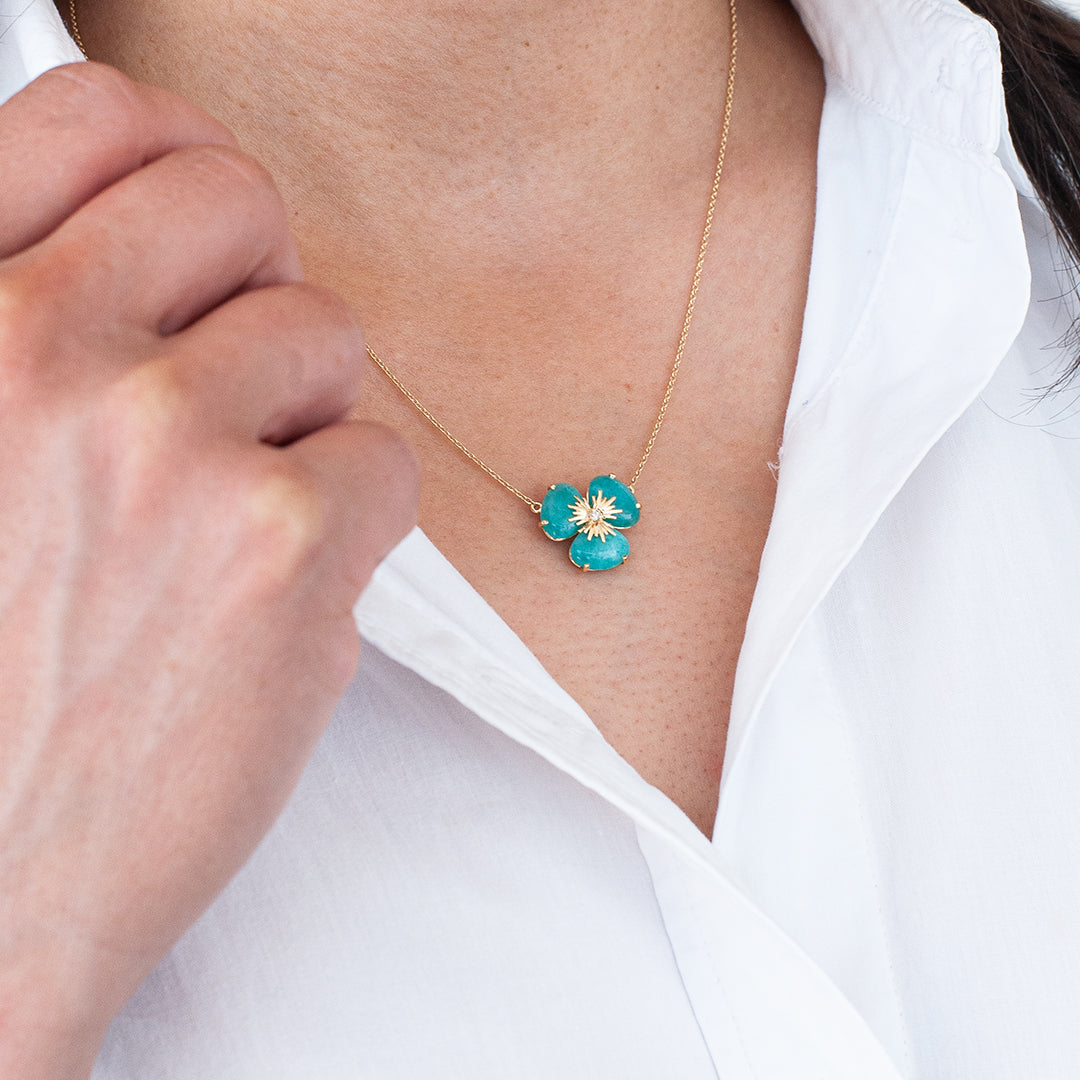 Yellow Gold Amazonite Clover Pendant  - On the neck