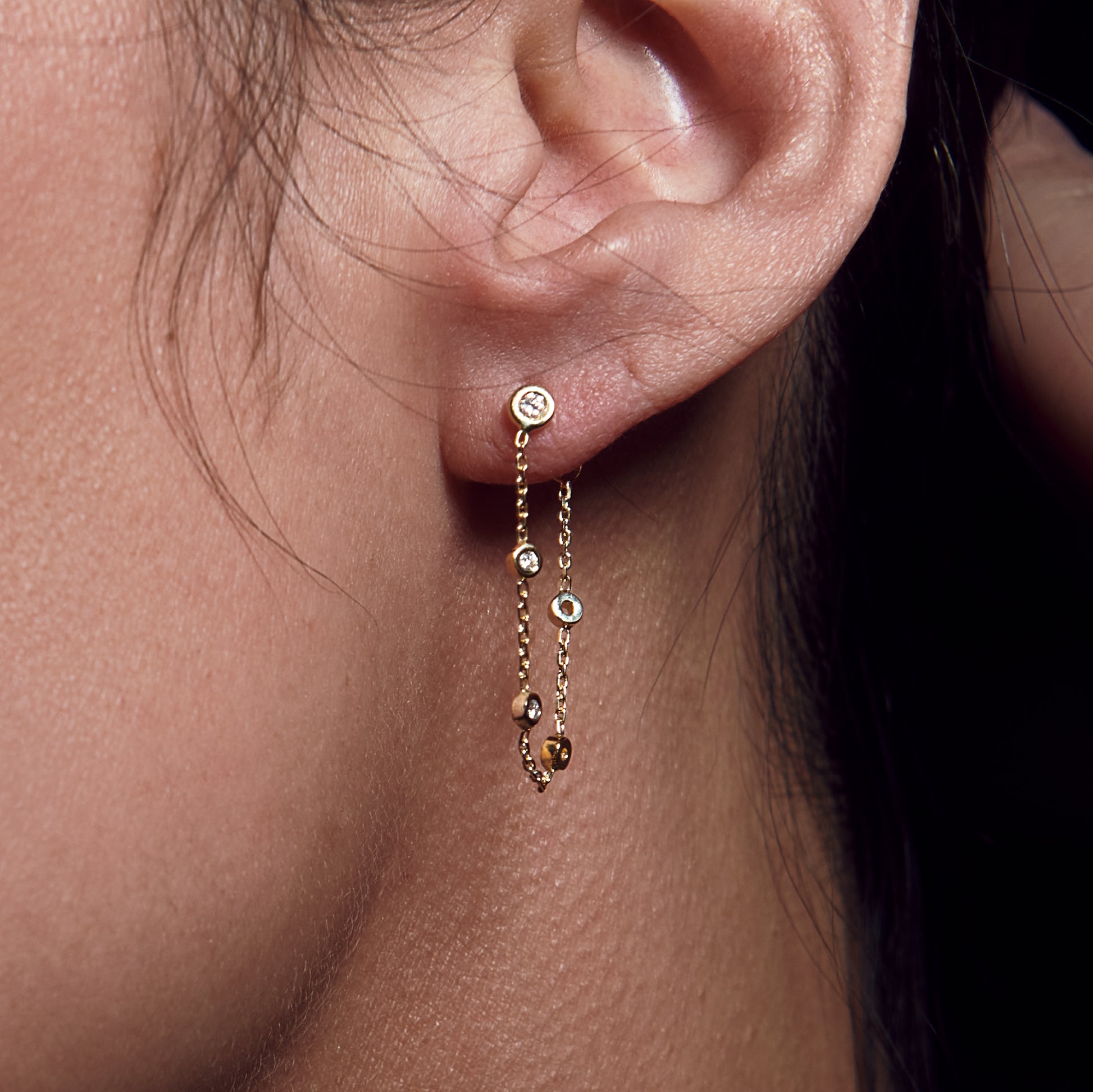Yellow Gold Diamond Dangle Earrings - On Ear