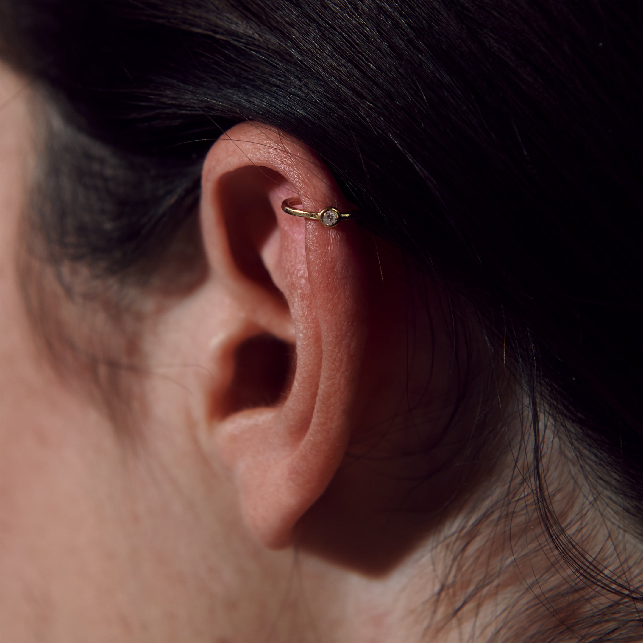 Yellow Gold Ear Cuff with Diamond - On Ear