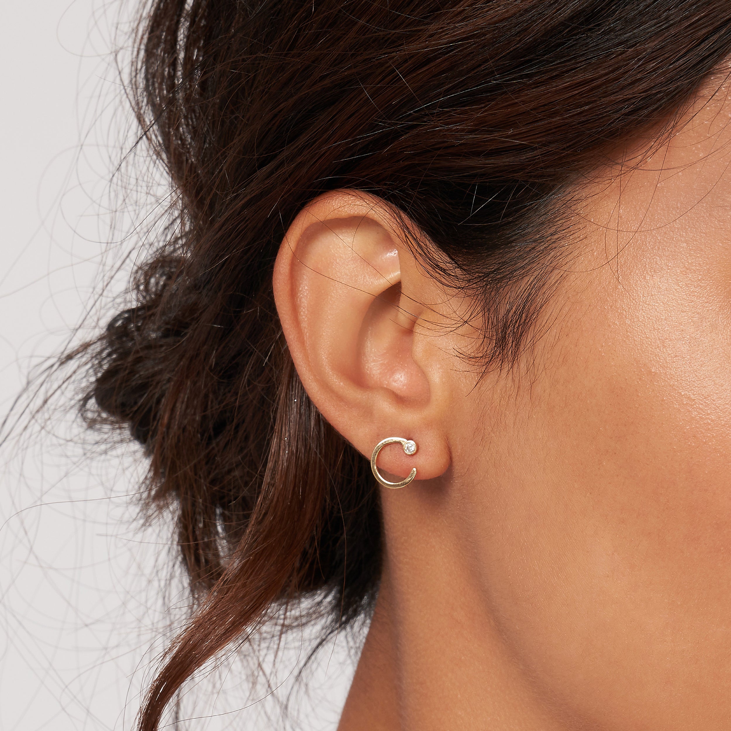 Yellow Gold Open Circle Studs with Diamonds -Closeup