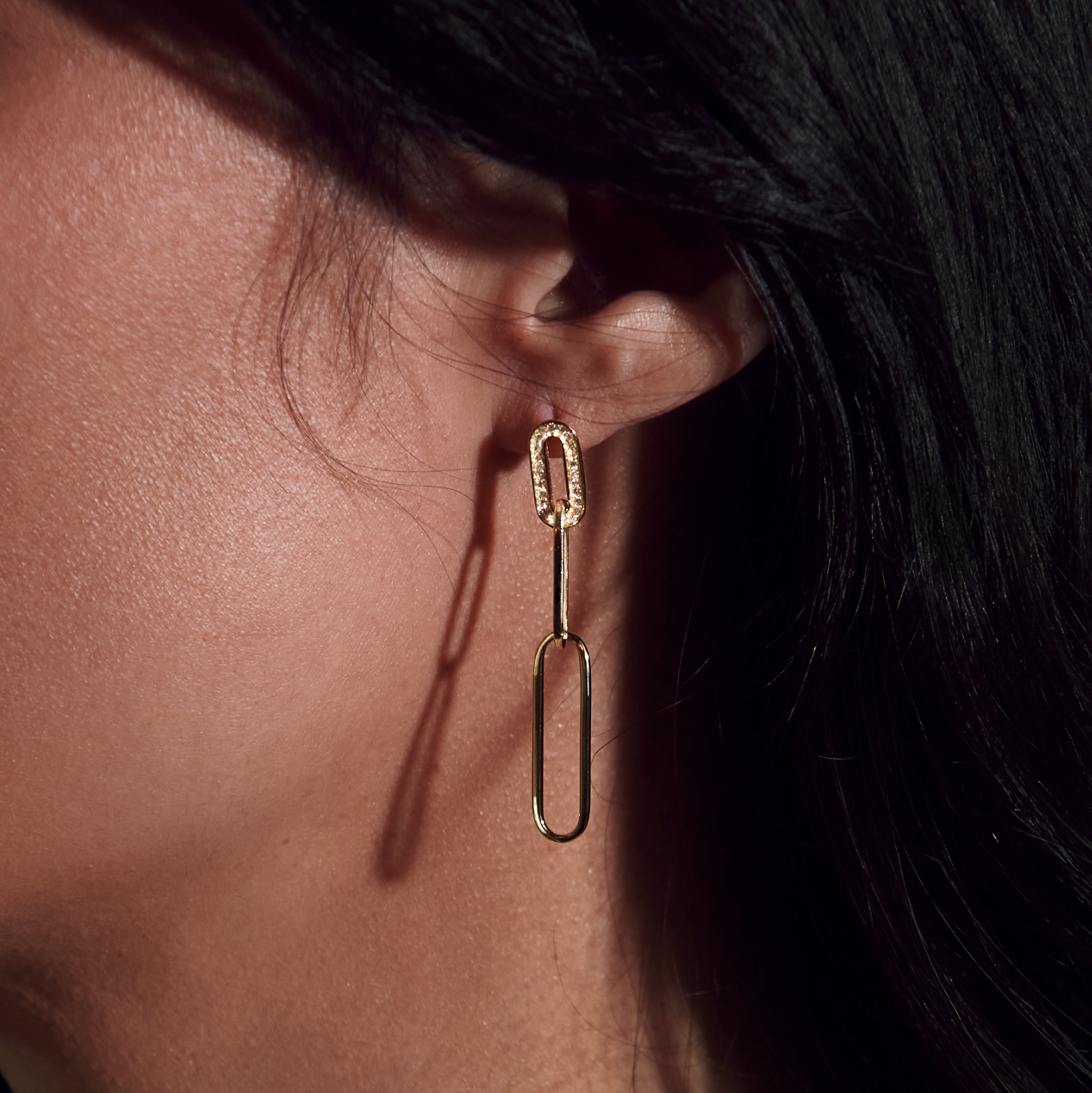 Yellow Gold Diamond Paper Clip Link Earrings - Close Up on Ear