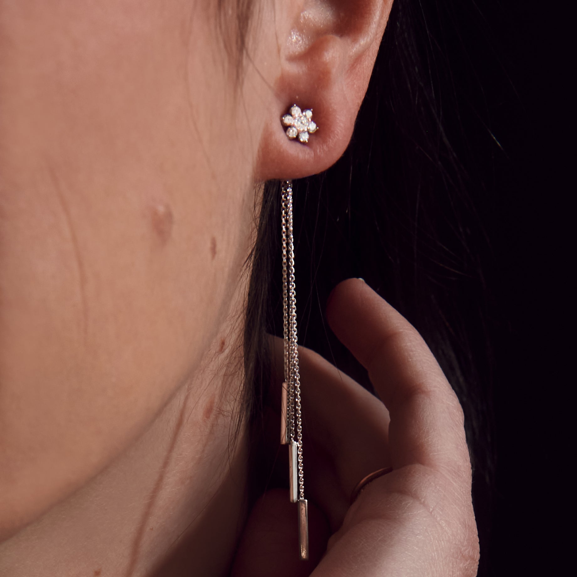 White Gold Cable Chain and Bar Earring Backs - Close Up on Ear